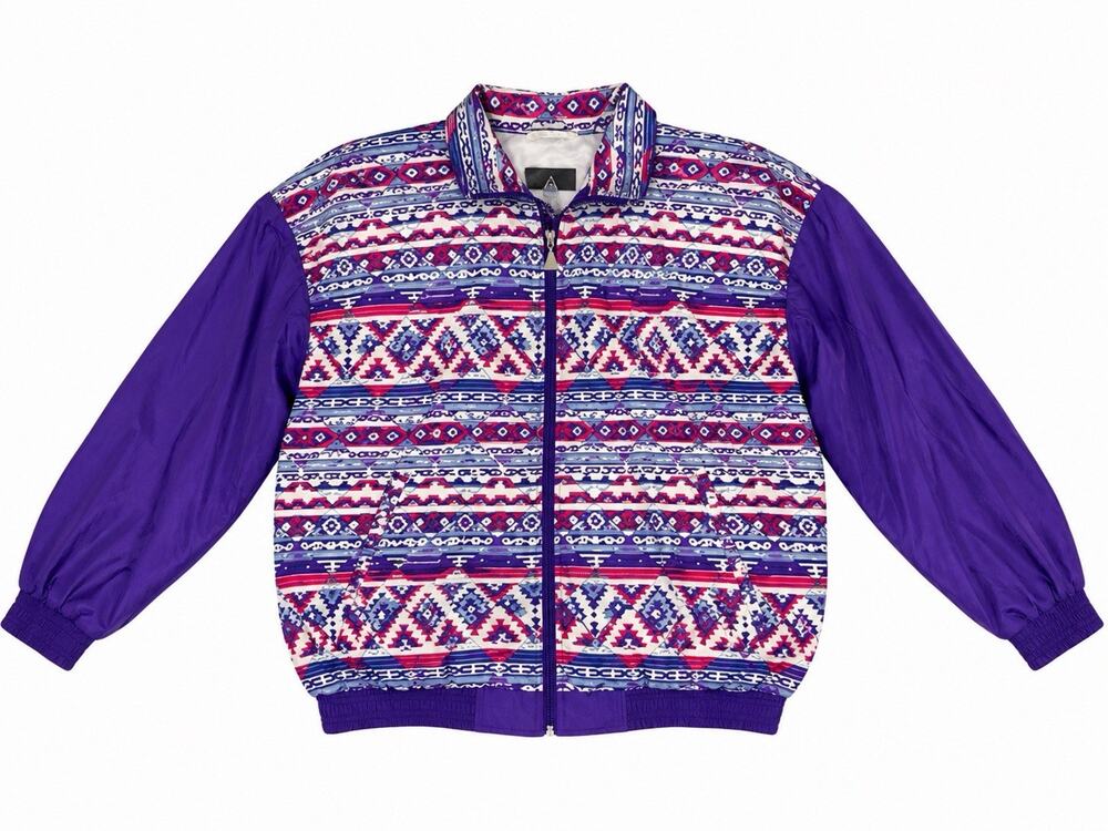 Vintage Casual Isle Windbreaker Jacket XL Purple Geometric 80s 90s Full Zip